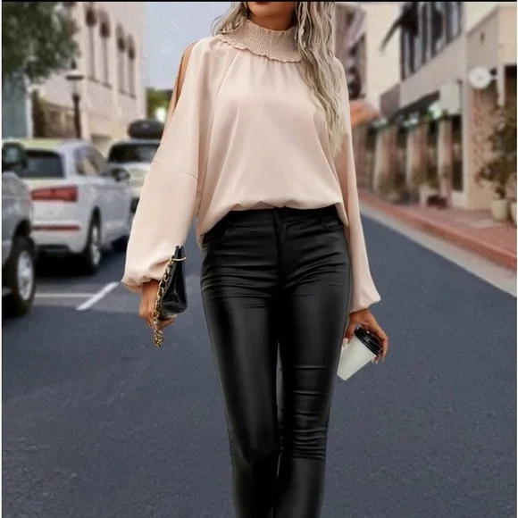 Elegant Smocked Mock Neck Cut Out Cold Shoulder Top Blouse Shirt - Picture 4 of 7